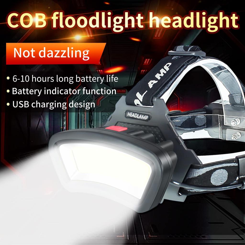 DARKBEAM USB Rechargeable COB Headlamp with White and Red Hard Hat Wide LED for Car Construction Outdoor and Power 4 and Hour Long Battery Life