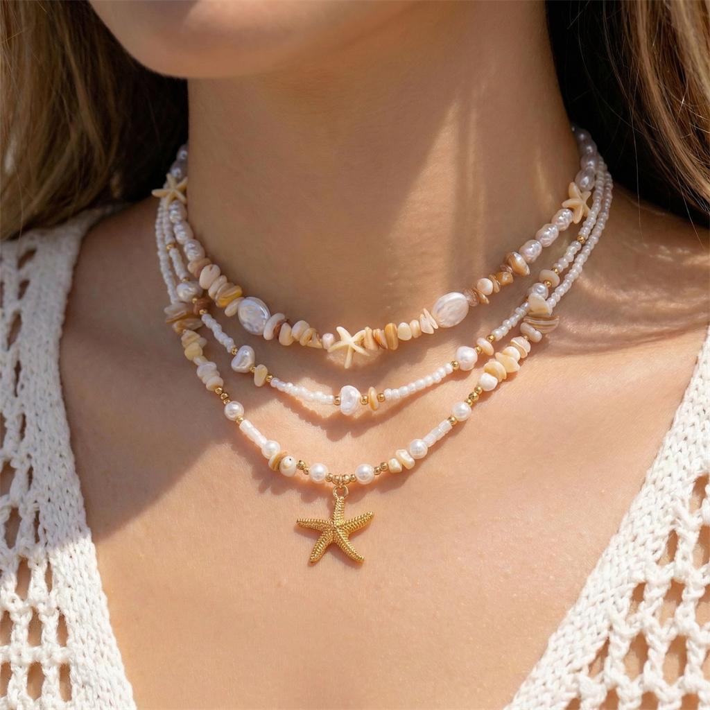 Bohemian Double Layer Seashell Necklaces For Women Handmade White Rice Beads Shell Short Collar Choker Beach Party Neck Zircon