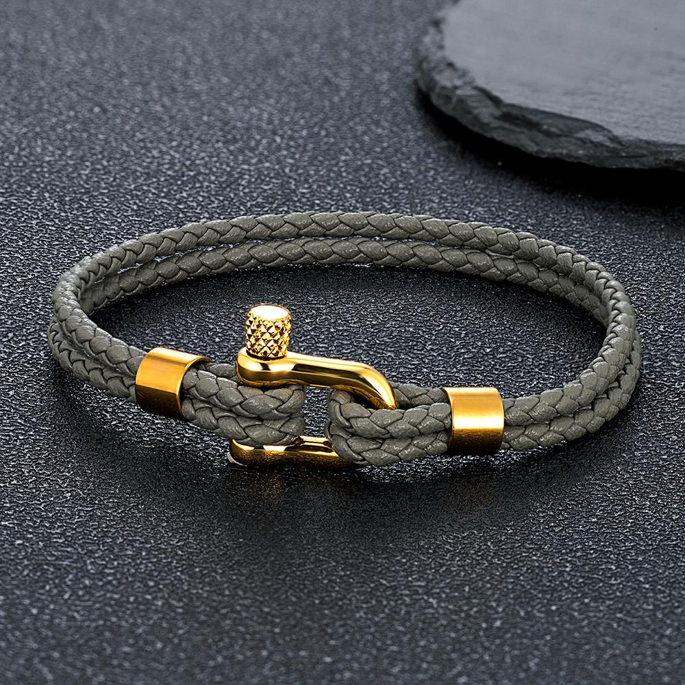Gold Plated Stainless Steel Shackle Bracelet Men Women Simple Double Layer Braided Blue Leather Bracelets Handmade Gifts