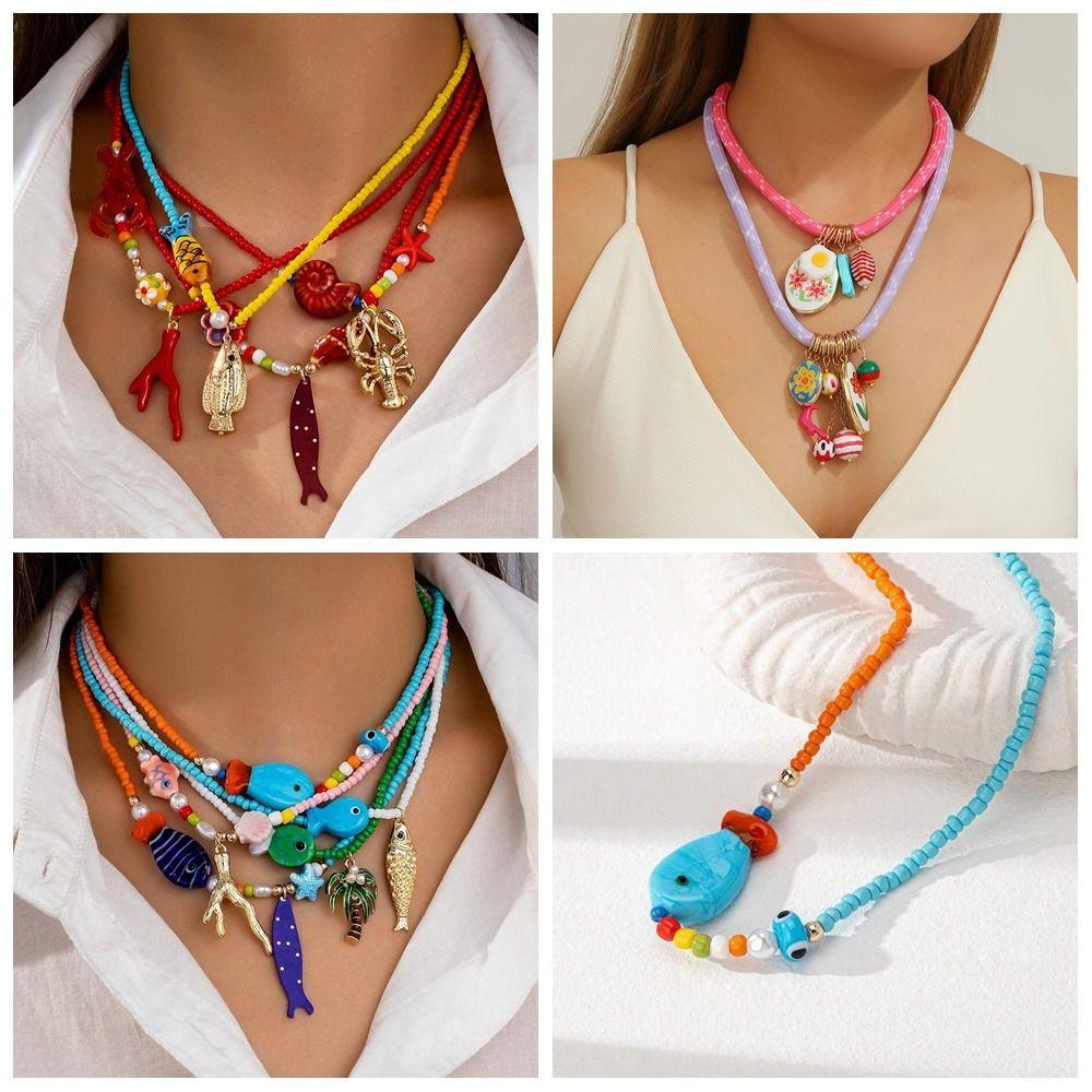 Ethnic Style Conch Fish Pendant Necklace Flower Ocean Series Necklace Nylon Rope Necklace  Women