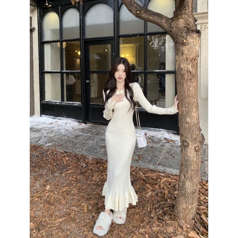 

Облегающая и высокая юбка-годе с длинным рукавом, облегающая бедра, женское осеннее новое темпераментное нежное платье-макси XL абрикосовый