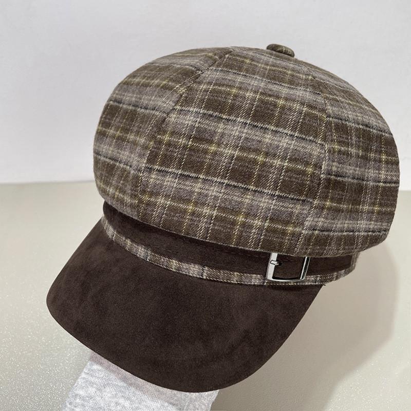 Vintage Brown Plaid Octagonal Hat For Women Winter Warm Fashion Cap
