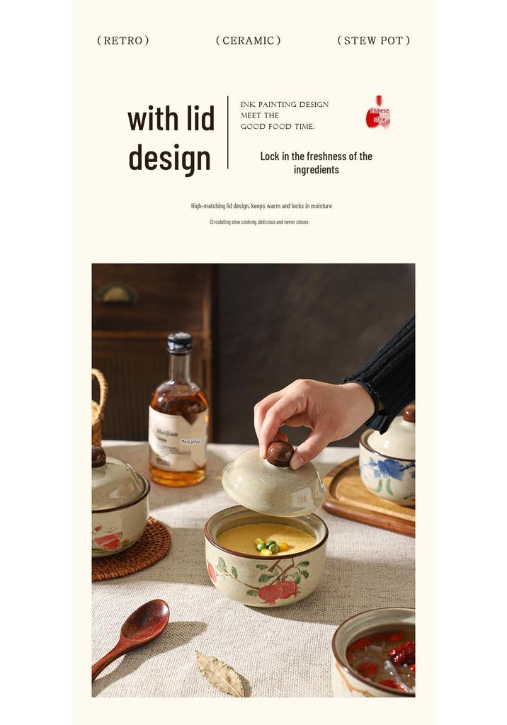 Retro Chinese Ink Wash Style Ceramic Stew Pot with Lid - Single Serving Double Boiler and Steamed Egg Bowl.