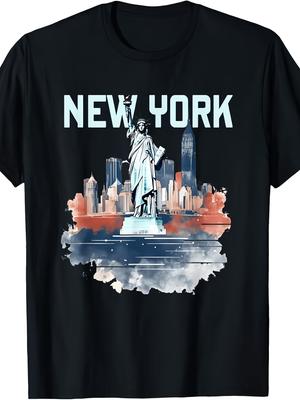 [NYC Skyline T-Shirt] New York City Downtown Skyline Statue of Liberty NYC Men's Summer Casual T-Shi