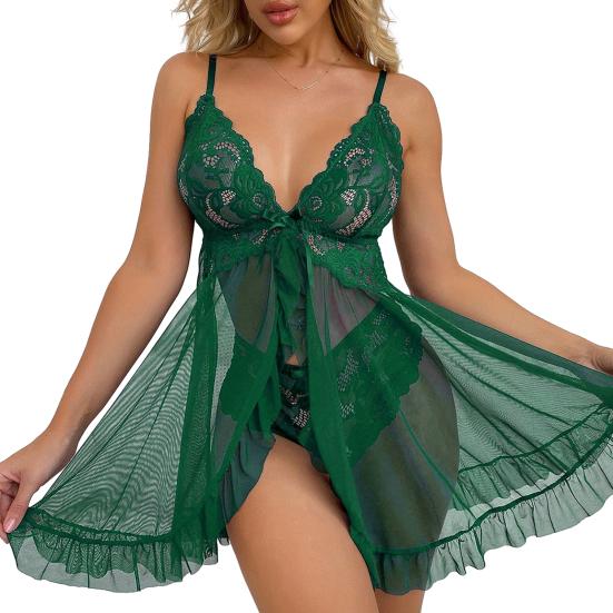 Sexy průhledná síťovaná body šaty s otevřeným předním dílem a kalhotkami Krajková košilka Bez rukávů Průhledná Mini noční košile