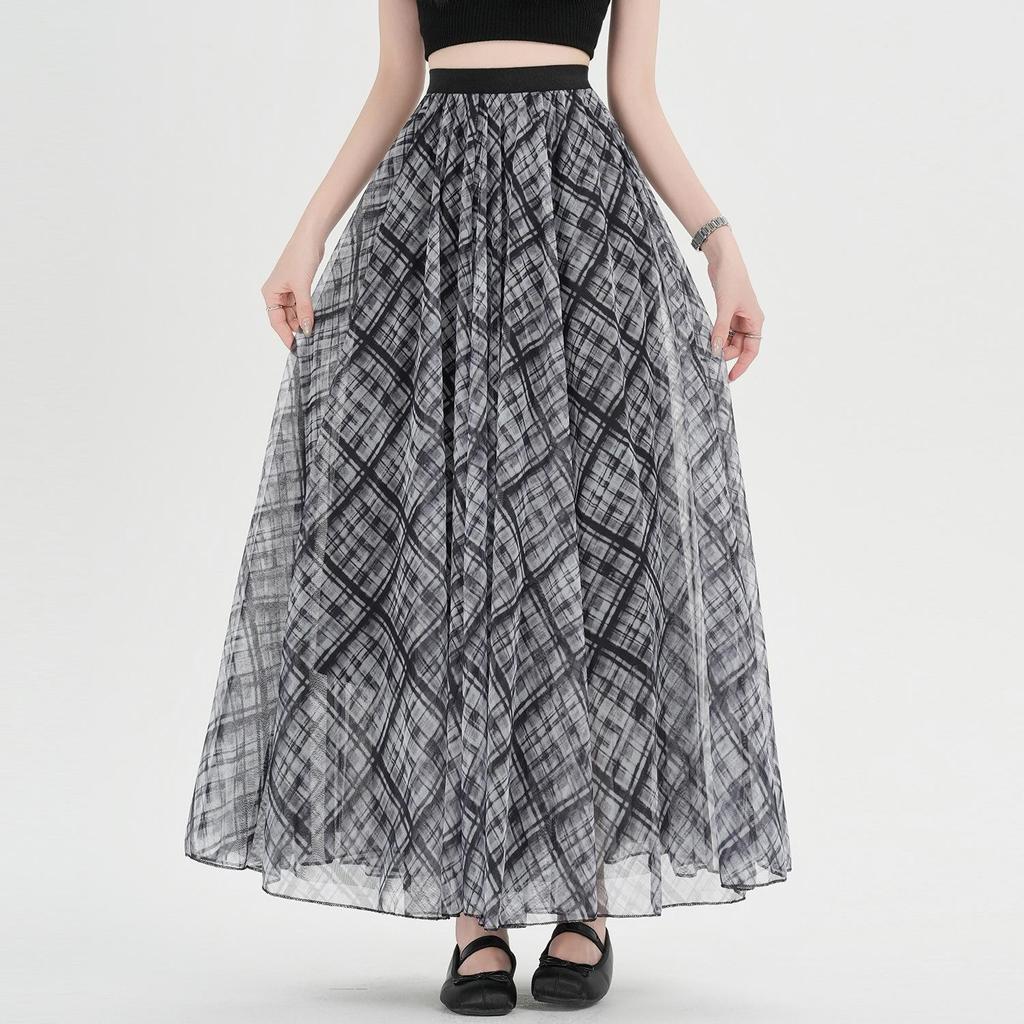 High-Waisted A-Line Plaid Mesh Skirt for Women - Elegant Slimming Umbrella Design