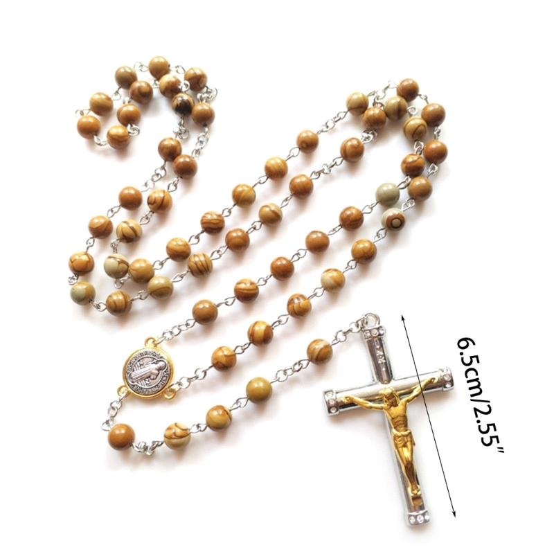 Church Yoga Wood Grain Stone Cross Rosary Necklace Bead Chain Pendant Ornaments for Home Church Yoga Room Decorations
