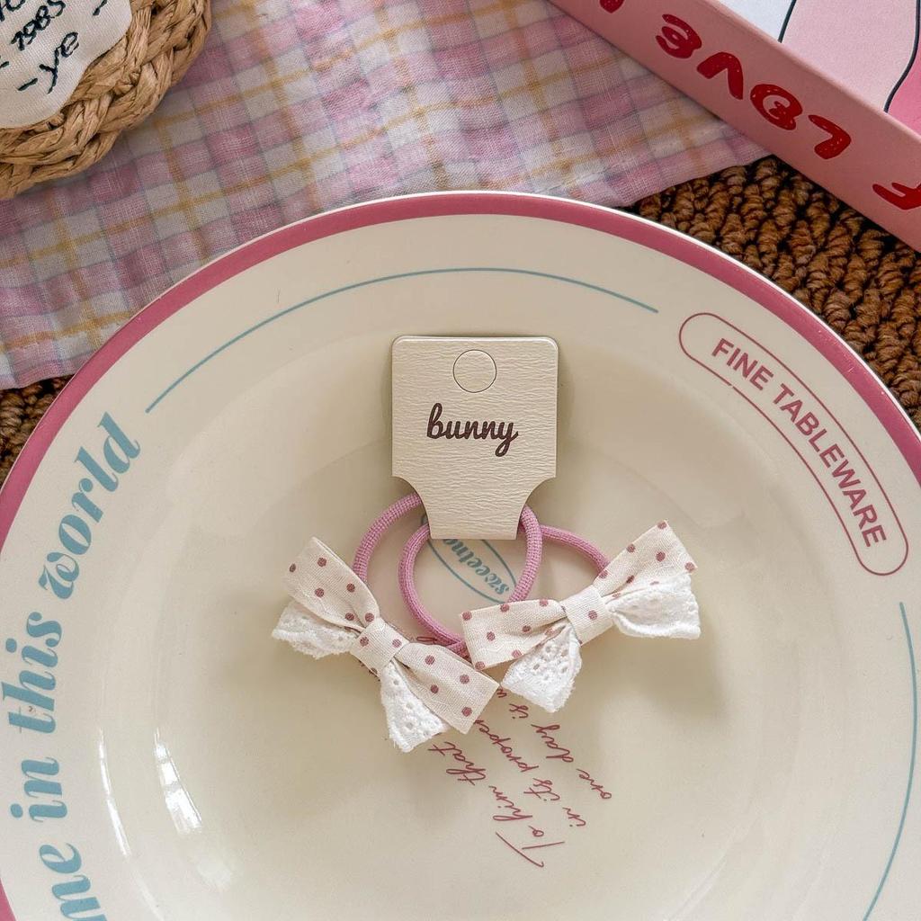 Korean Style Pink and White Polka Dot Cotton Flower Bow Hair Tie for Girls - High Elastic Double Ponytail Rubber Band