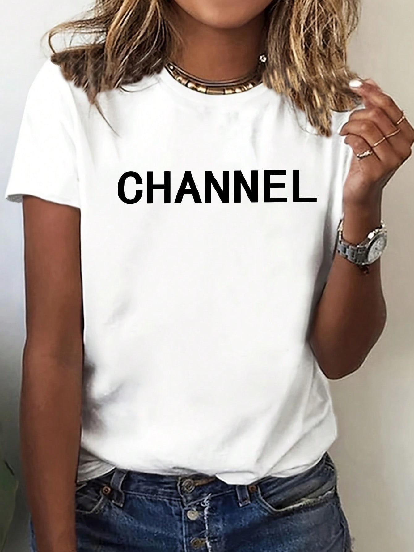 Channel Letter Print Cotton White T-shirt XL