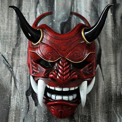 Red Hannya Mask Headgear with Red Ghost Face and Fangs, Japanese Style Halloween New Product Cosplay Props