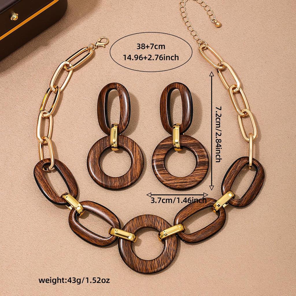 Set di gioielli geometrici in legno, stile bohémien, design occidentale retrò, orecchini oversize e collana, accessorio di moda per donna
