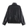 Womens Faux Leather Jacket With Stand Collar Elastic Hem Streetwear Style Geometric Print Regular Fit