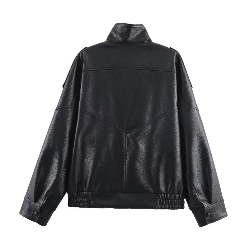 Womens Faux Leather Jacket With Stand Collar Elastic Hem Streetwear Style Geometric Print Regular Fit