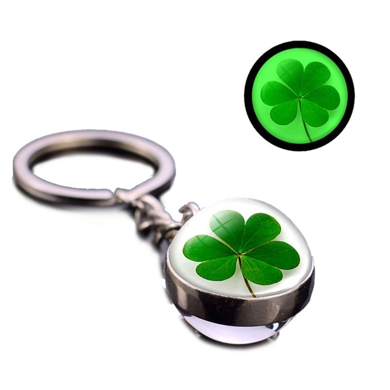 Clover Keychain Luminescent Four Leaf Clover Glass Ball Double Side Metal Pendant Keychain Lucky Jewelry Gift