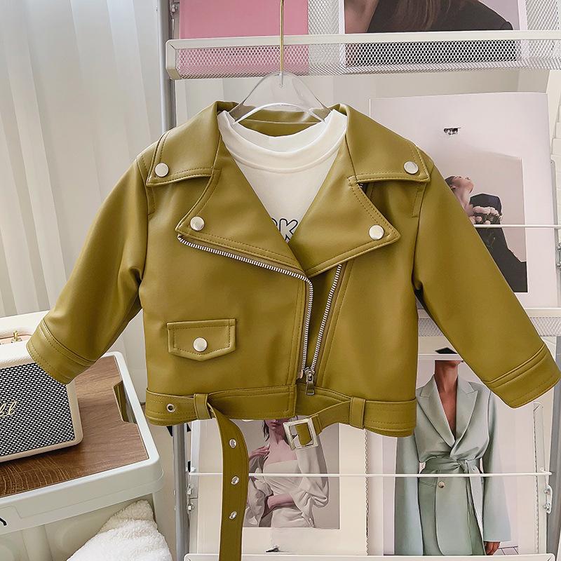 Spring and Autumn Girls Coat Waterproof and Stain Resistant Artificial Leather Fashion Zipper Jacket for 2-8 Years Girl Children Outdoor