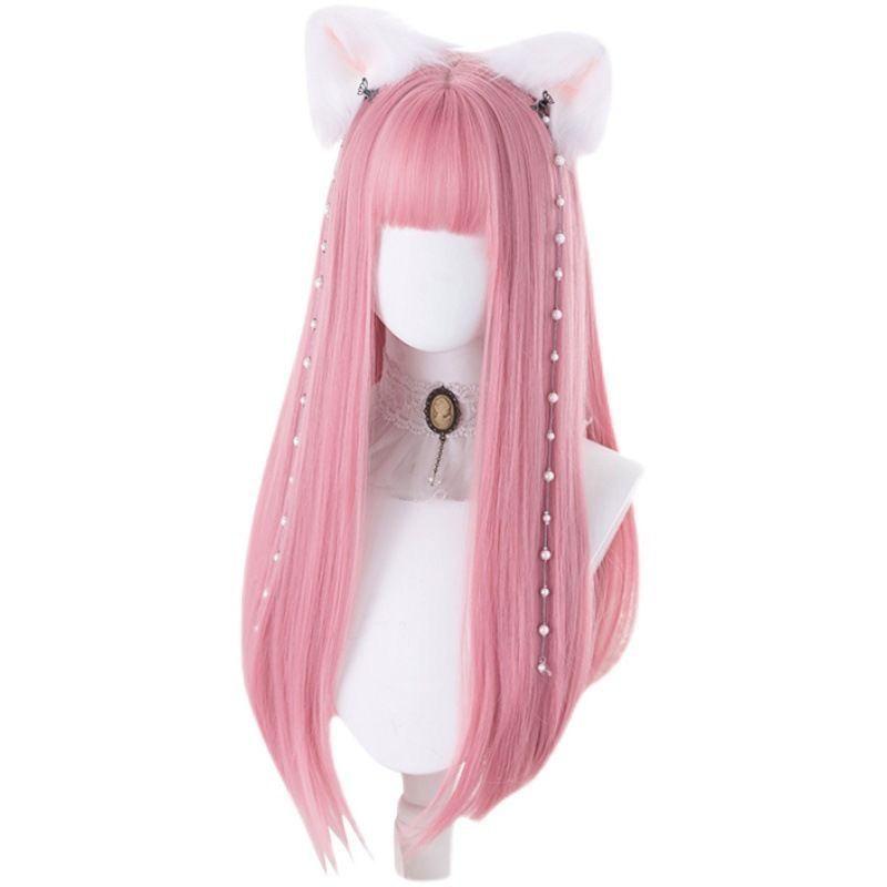 Pink Wine Red White Synthetic Long Straight Cosplay Lolita Harajuku Wig with Bangs Braided Halloween Wig for Women Daily Wear