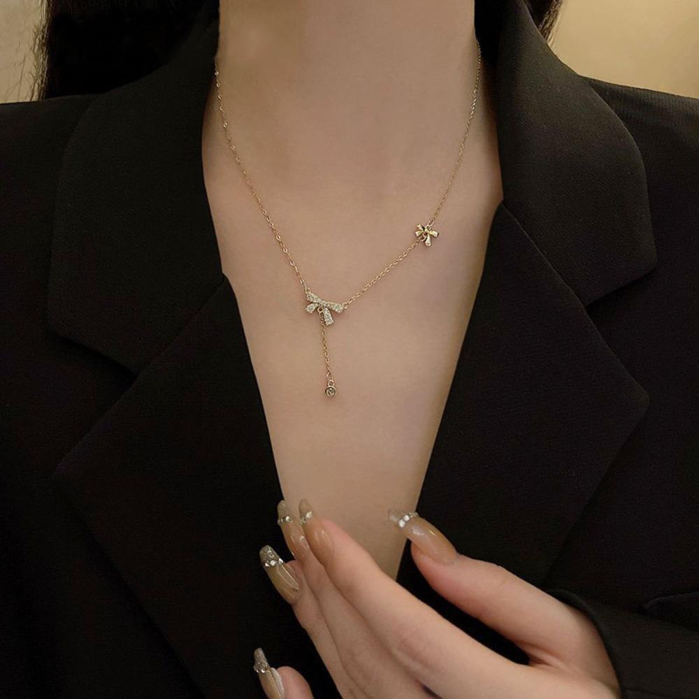 Edelstahl Exquisite Goldfarbe Zirkon Schleife Lange Anhänger Halsketten für Frauen Niedliche Korea Kragen Schmuck Geschenk Anlauffest
