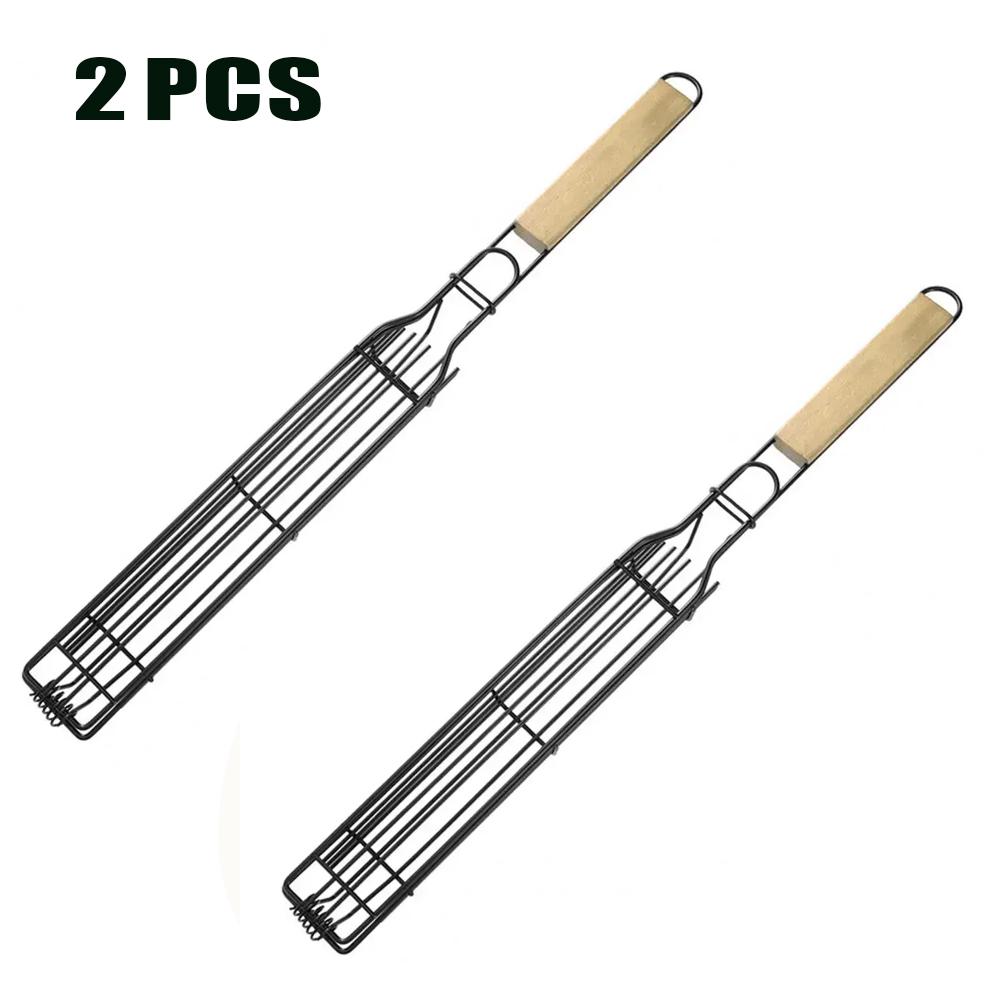 Camping Grillrost Faltbarer BBQ Grillkorb Robuster Antihaft-Netzrost Holzgriff Zubehör für Würstchen Fisch Gemüse BBQ