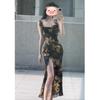 Women's summer retro floral suspender dress temperament ruffle leaf edge slim waist thin split hip wrap long skirt