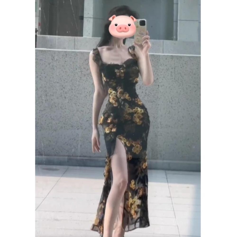 Women's summer retro floral suspender dress temperament ruffle leaf edge slim waist thin split hip wrap long skirt