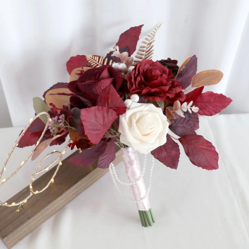 Kunstige blomster brudebukett til bruden, rustikke bryllupsbuketter til bruden Silke runde kunstige bryllupsblomster buketter