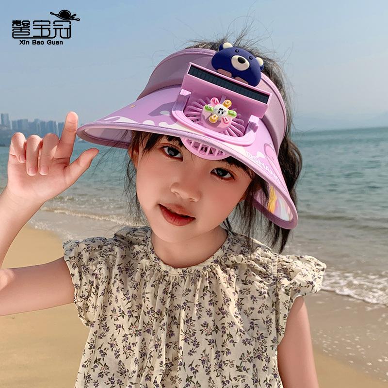 Children's hats Colorful voice-activated light visor cartoon big eaves with fan Empty top hat Outdoor travel sun protection hat
