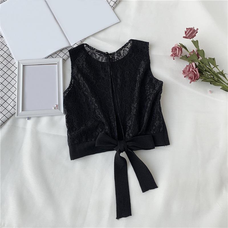 Women's Top Sleeveless O Neck Solid Casual Lace Up Backless Lace Stitching T-Shirt