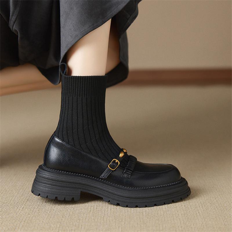 Fashion New Autumn/winter Split Leather Women Boots Round Toe Shoes for Women Fashion Skinny Boots Mid Heels Platform Chelsea Boots