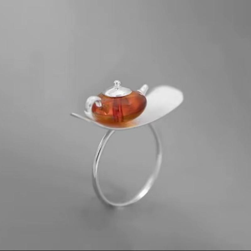 Retro Chinese S925 Silver Teapot Ring with Tea Culture Design