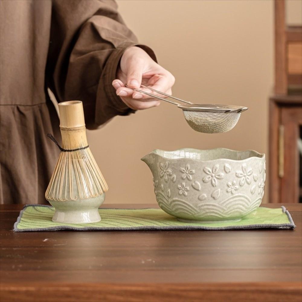 2/4/7 Pcs New Ceramic Matcha Bowl Flower Sakura Matcha Whisk Holder Reusable with Pouring Spout Matcha Making Kit Tea Lovers