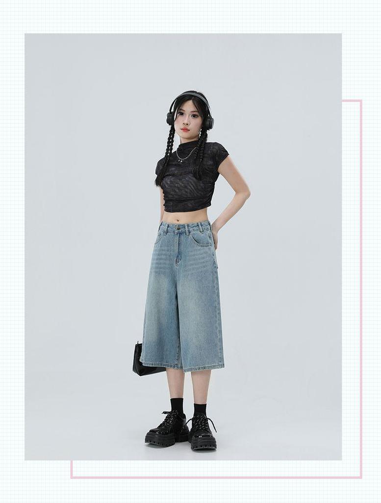 2025 Spring/Summer Women's High-Waisted Wide-Leg 7/8 Jeans - Slimming Straight-Leg, Versatile American Style