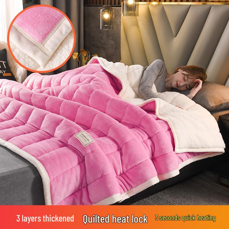 Thick Three-Layer Quilted Milk Velvet Lambswool Flannel Blanket for Autumn and Winter Warmth