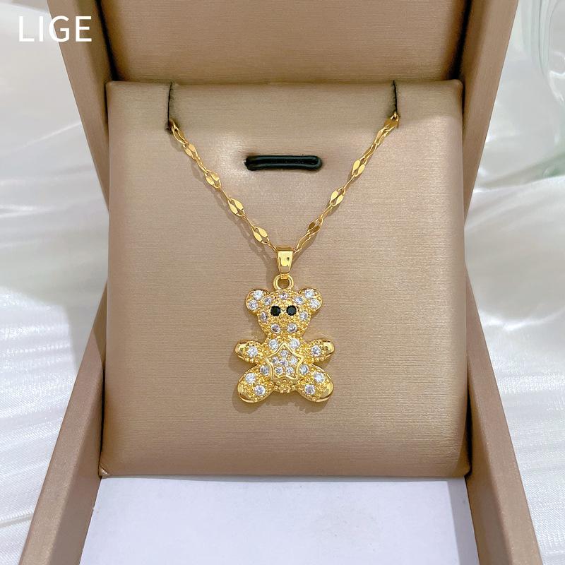 Pentagram Bear Light Luxury Temperament Gorgeous Full Diamond Necklace Female Versatile Collarbone Chain Titanium Steel Chain