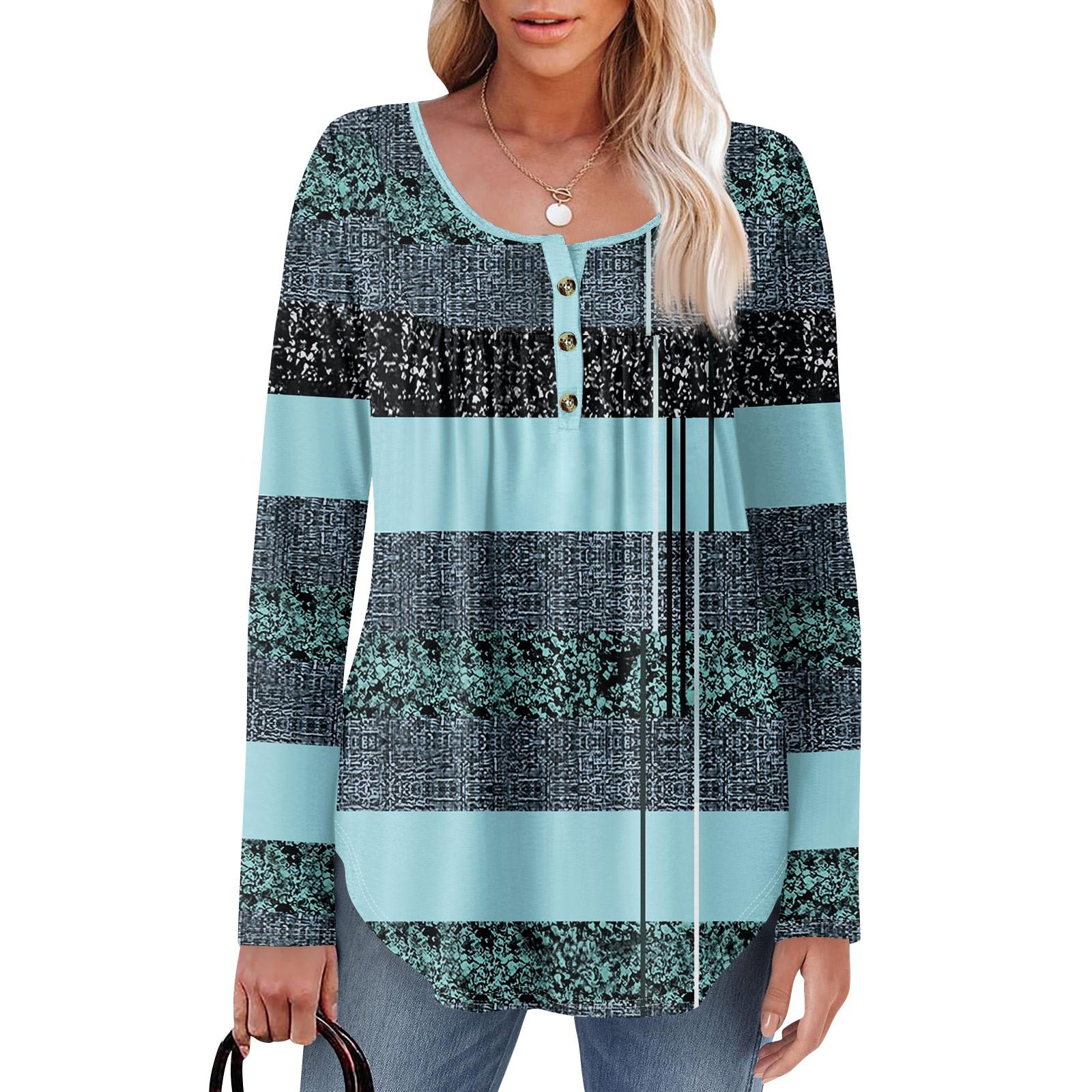 

Женская туника с длинным рукавом, свободные топы, повседневные топы оверсайз, плиссированная туника, застегивающаяся на пуговицы, повседневные женские топы с принтом S циан