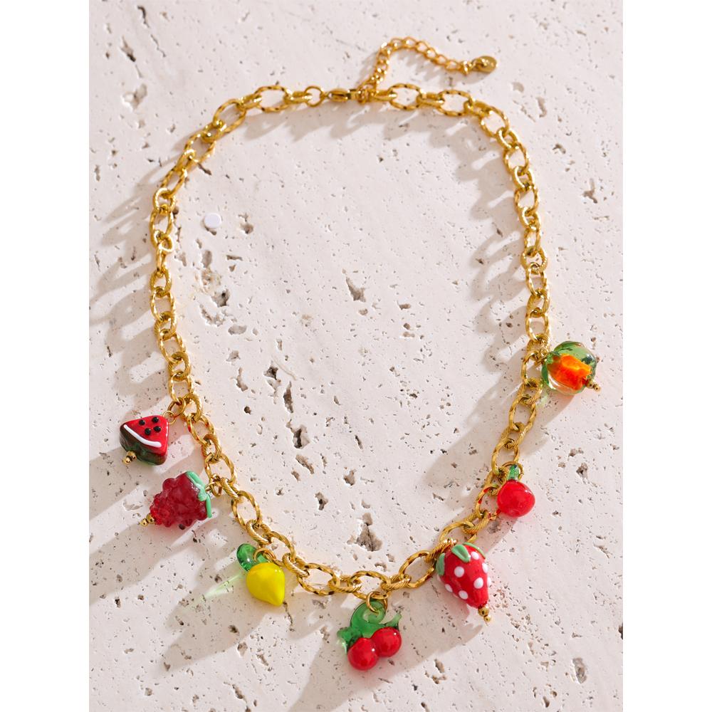 Yhpup Süße Frühling Sommer Bunte Glasur Frucht Charme Anhänger Halskette Gold Farbe Edelstahl Trendiger Schmuck für Mädchen Damen