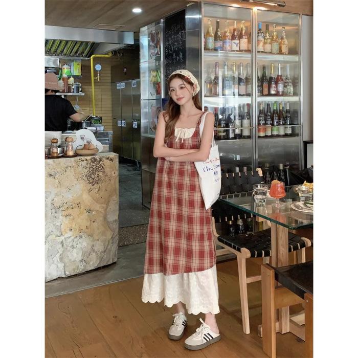 

[Welcome to Kanban] Red fake two-piece plaid lace suspender dress women s summer seaside vacation dress S