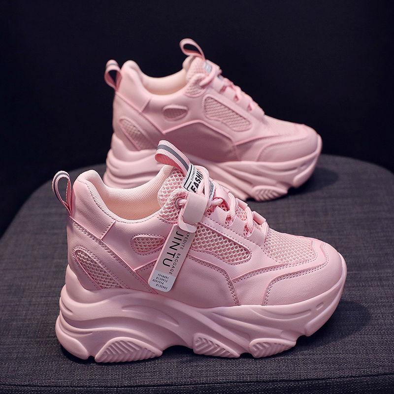 Comemore Våren Joggesko for kvinner Uformelle kvinner Chunky Mesh Tykkbunn Dame Vulkanisere Plattform Sportssko Tennis Dame Rosa