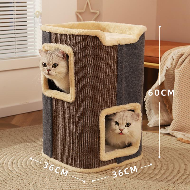 Compact Cat Tree & Bed with Enclosed Two-Layer Design, Scratching Board, Sisal Barrel - All-Season
