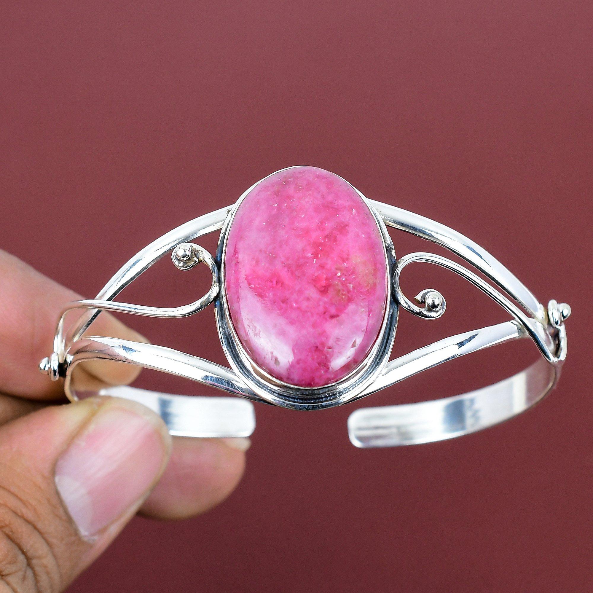 

Rhodonite gemstone bangle 925 sterling silver cuff bracelet elegant jewelry adjustable bangle handmade bracelet wedding gifts silver jewelry Adjustable