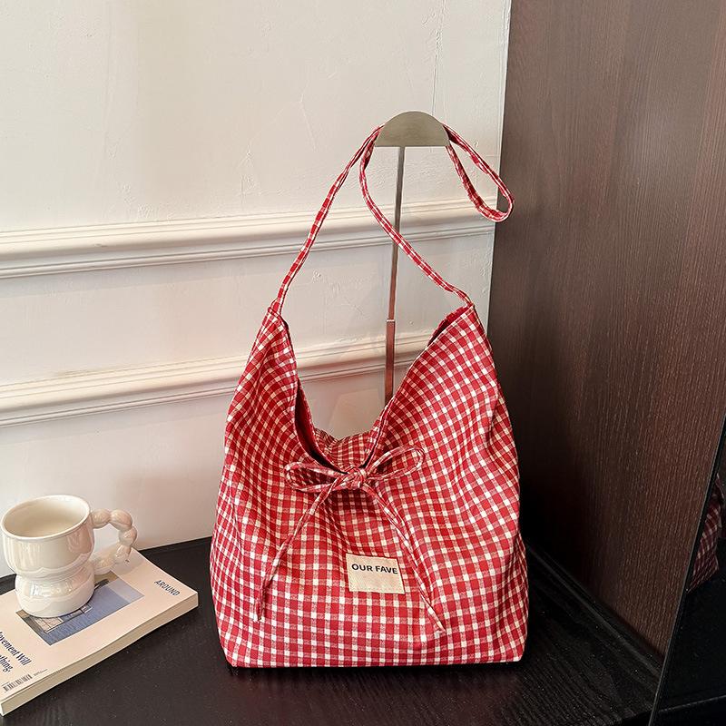 

New Fashion Lazy Wind Slack Trend Tote Bag Double Sided Back Crossbody Bag Plaid Canvas Bag красный