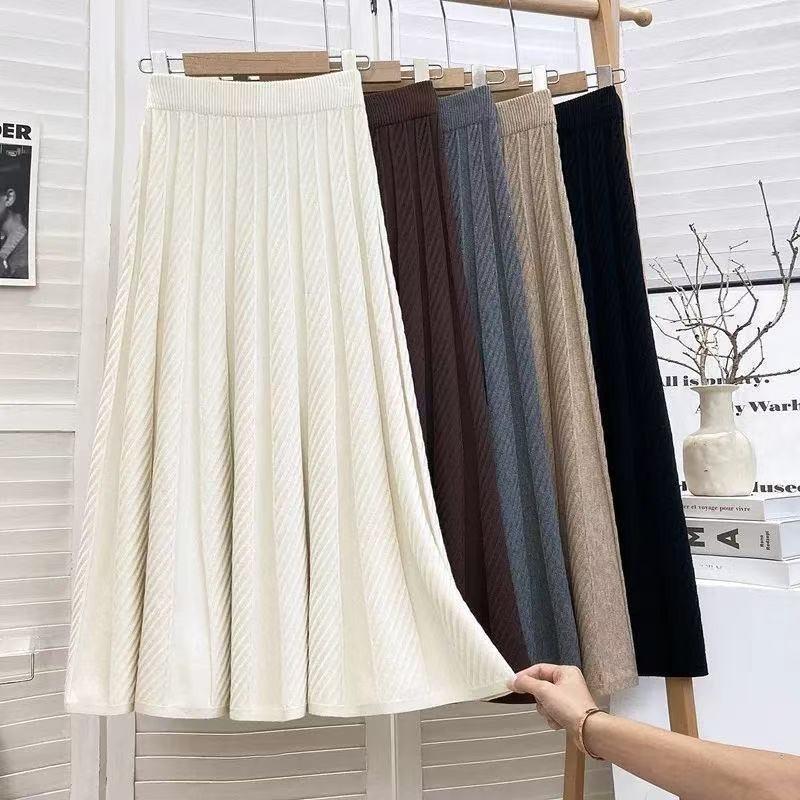 Women S Thick Knitted High Waist Midi A Line Pleated Skirt