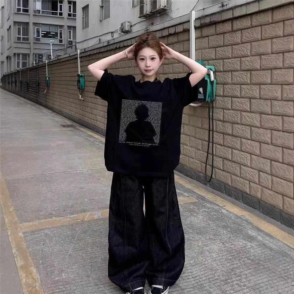 American high street pure cotton black short-sleeved t-shirt women's new summer loose large size fat mm half-sleeved design top