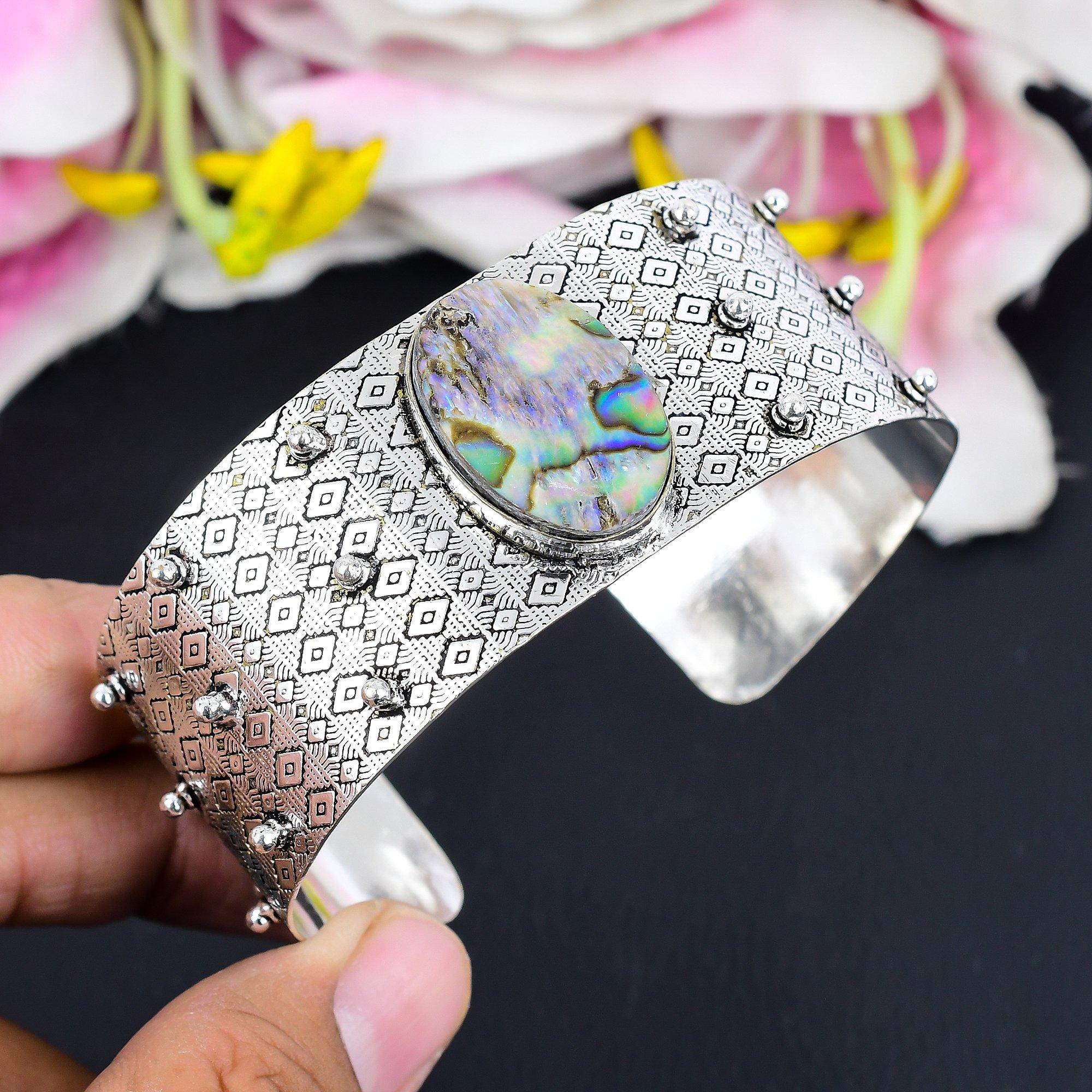 

Abalone Shell Gemstone Handmade 925 Sterling Silver Cuff Bangle Adjustable KG-1868