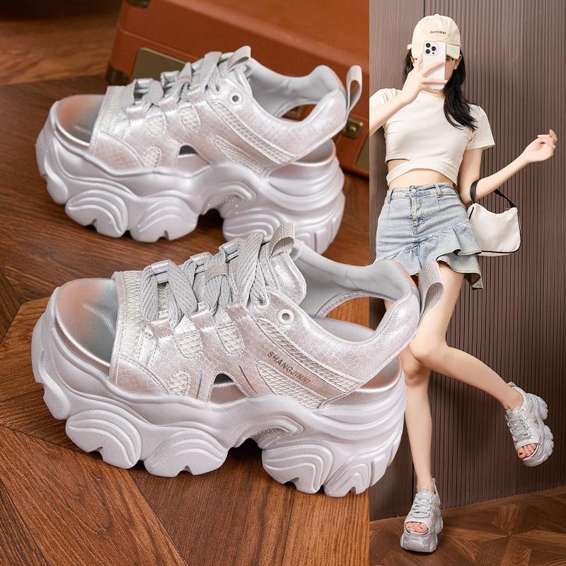 Platform sandals women's 2025 summer new hollow heightening shoes mesh versatile hole shoes versatile outer wear beach shoes