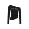 Retro Rhinestone Cold Shoulder Long Sleeve T-shirt in Black - Slim Fit Off-the-Shoulder Top for Women, Spring/Autumn European & American Style.