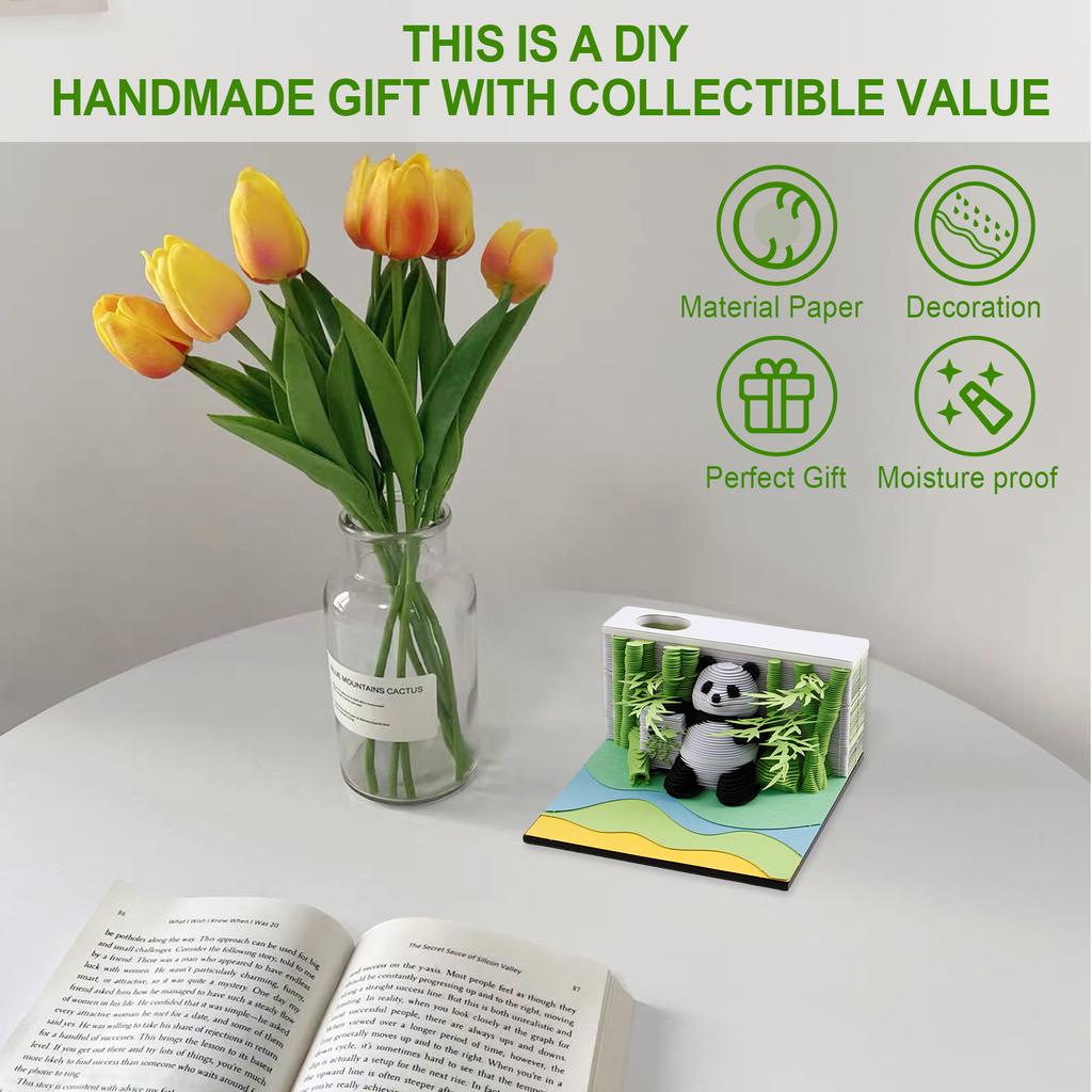 3D Desk Note Pad Creative Panda Memo Pad Tear-Away DIY 3D Note Pad with Pen Holder Paper Carving Art for Decoration Collectibles
