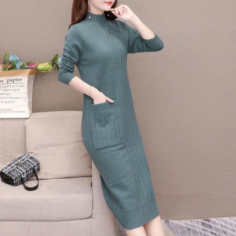 Knitted Dress for Women In Autumn and Winter Korean Style Loose Mid-length Pullover Solid Color Half Turtleneck Sweater Dress