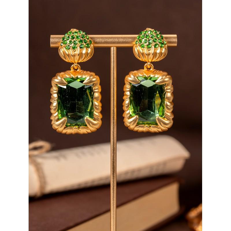 Palace Style Vintage Geometric Square Crystal Earrings With Elegant Temperament High-end Feel зелёный