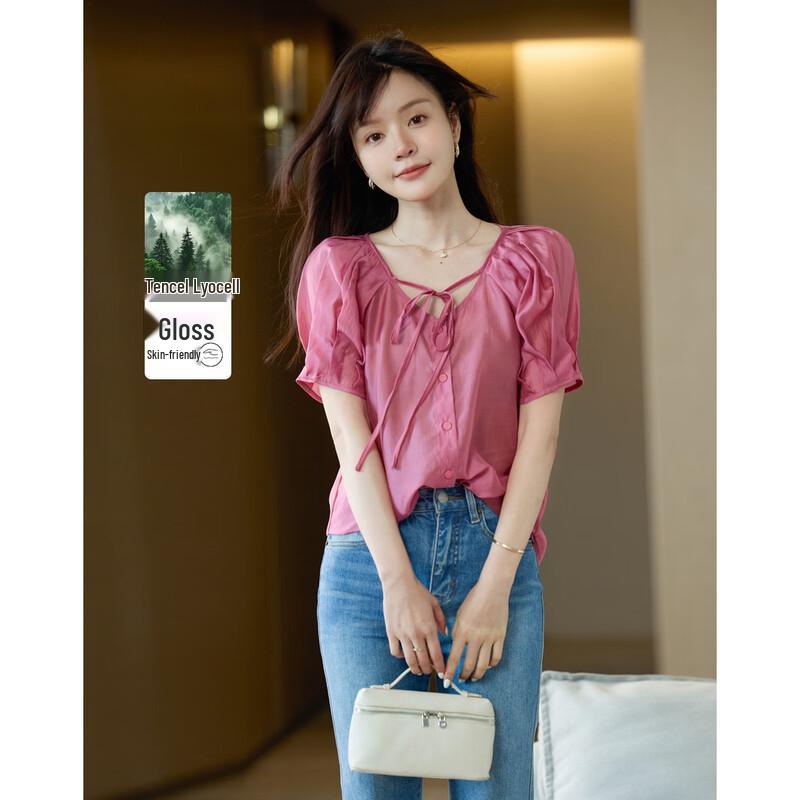 Demana Women s Tencel Blend V-Neck Puff Sleeve Blouse S