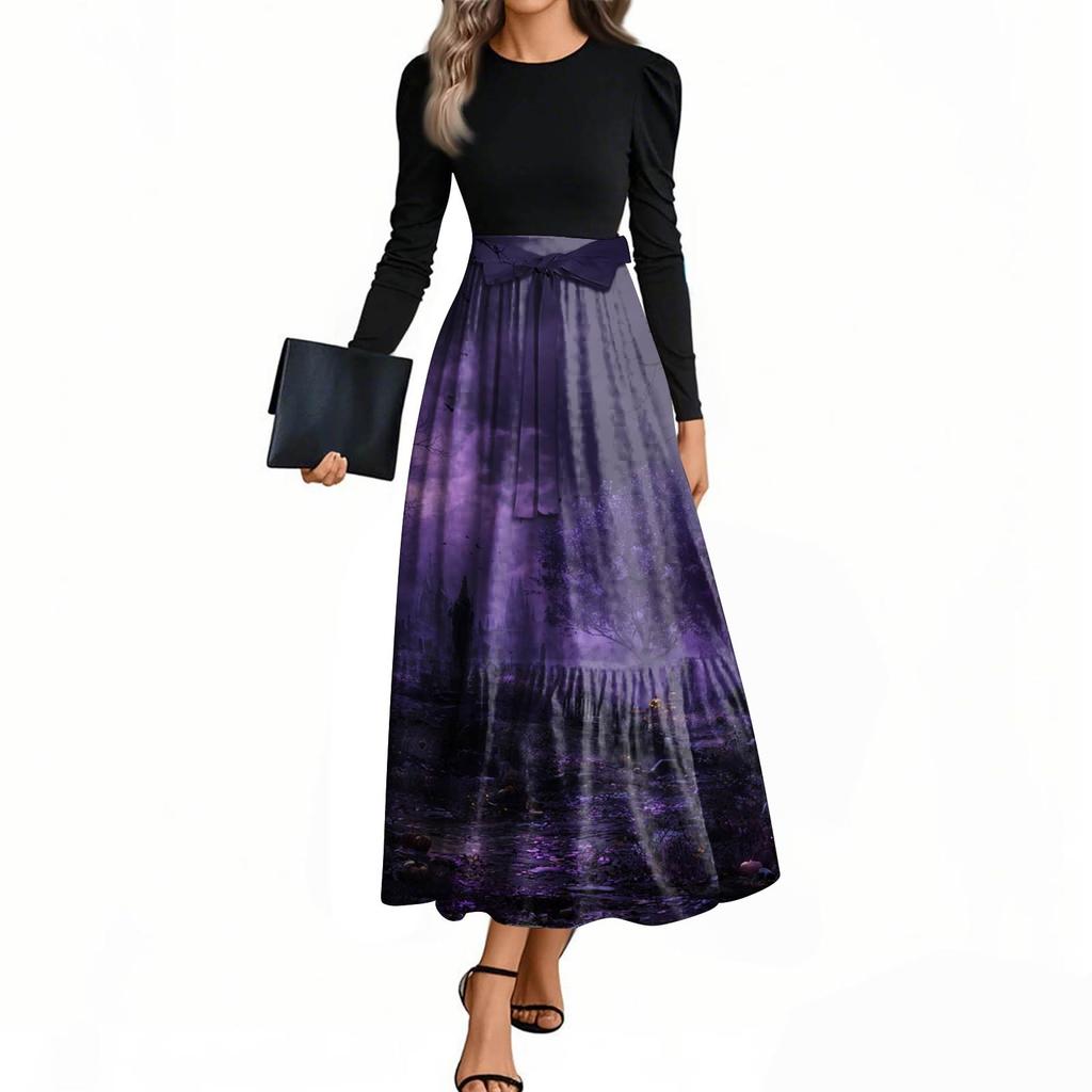 Women's Fashion Casual Belted Long Sleeve Round Neck Halloween Printed Elegant Temperament Dresses